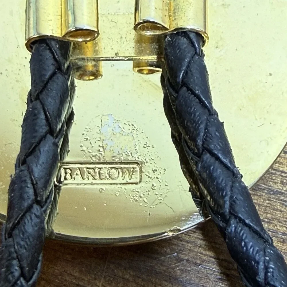 Stephen Barlow Ship Bolo Tie Nautical Scrimshaw Style Vintage Brass Gold Tone